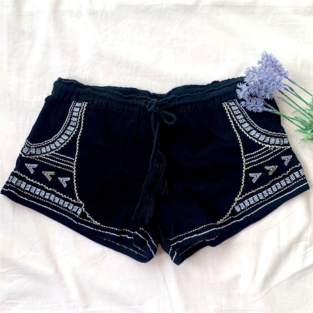 Rip Curl linen short, black, gold and white design, drawstring, low rise, XS